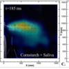 The images compare the flight of respiratory droplets after a simulated sneeze (horizontal velocity versus vertical velocity). Shown are instantaneous velocity contours of saliva, cornstarch and saliva, and mask test cases 185ms after the event starts. 